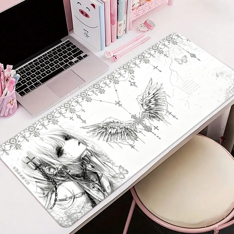 Gaming Accessories For Desk - Leder-Mauspad Schwarz Weiß Anime Ästhetik Engel-Mädchen